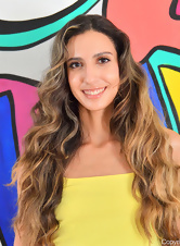 Hot mom with curly hair takes off yellow top and denim shorts