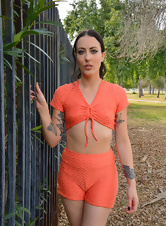 Shameless chick going outdoor to showcase her petite tattooed figure