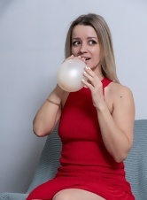 Beautiful milf with hairy pussy uses balloons to make big tits