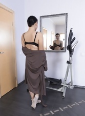 Hairy pussy doesn't stop brunette with saggy tits from doing fitness training 