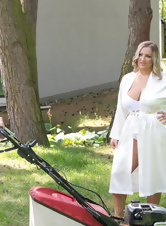 A titty lady seduces a guy who mows her lawn to fuck her